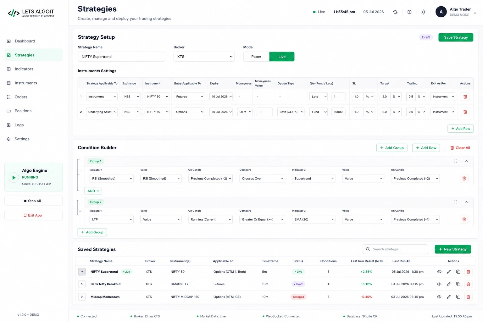 Strategy builder: instruments, risk settings, condition builder and saved strategies